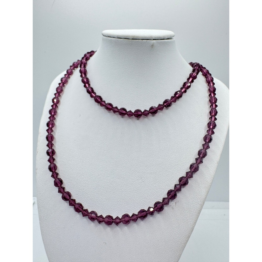 Vintage Purple Faceted Glass Bicone Bead Necklace Filigree Clasp 80s Victorian